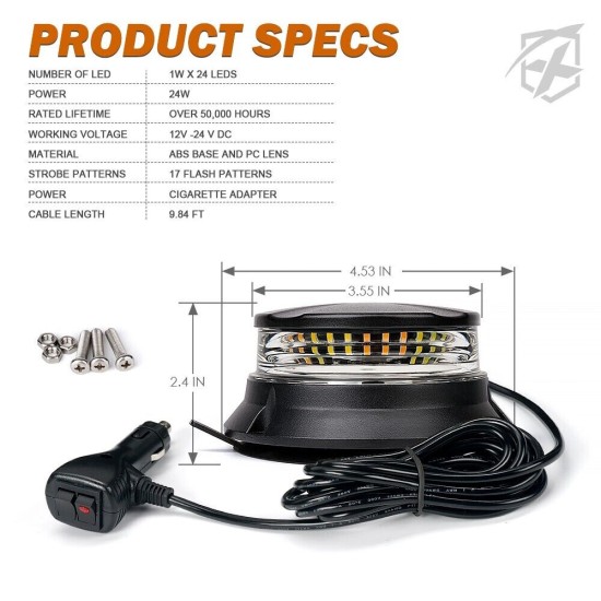 24W Led Лед Сигнална Лампа, Маяк, Диодна светлина, Буркан, Въртяща се светлина, с Магнит и Вендуза 12V - 24V с магнит Е9 E-Mark червена светлина-Сигнални лампи / Маяци%