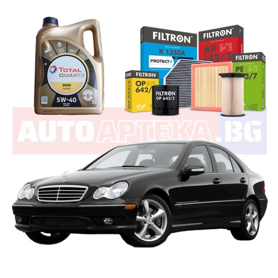 Комплект Масло TOTAL + Филтри FITRON за  MERCEDES-BENZ C-CLASS (W203) / C 180 Kompressor /143hp/2002-2007