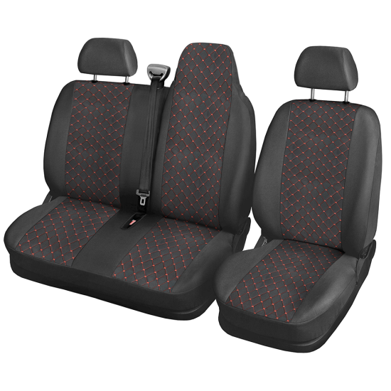  2+1  Луксозна Тапицерия, Калъфи за седалки за Бус, Renault Master, Рено Мастер 2009+ ЧЕРВЕН ШЕВ (разделена двойна облегалка)